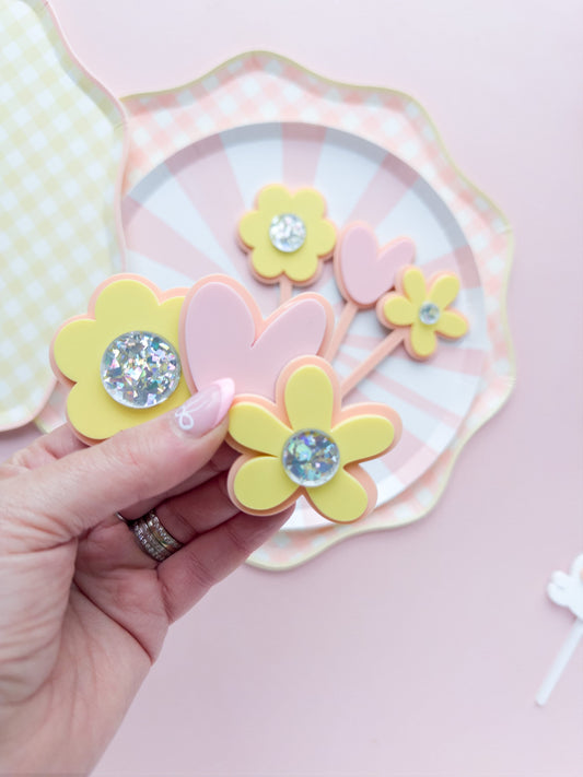Groovy Flower and Heart Cake Toppers, Spring toppers, Flower cake topper